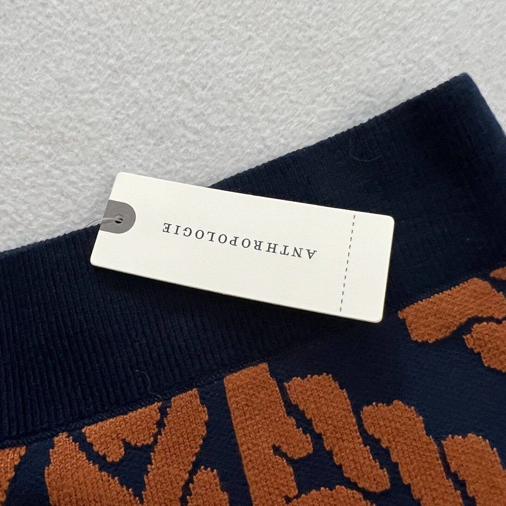 NWT Anthropologie Maeve Navy Blue Motif Orange Knit Knee Length Pencil Skirt XS - Picture 2 of 8